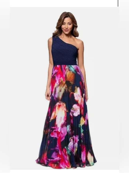 Xscape Dresses & Skirts - Xscape One-Shoulder Navy Bodice with Vibrant Floral Maxi Skirt